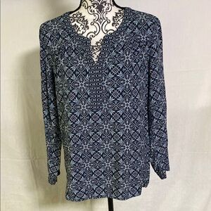 J. Jill Blue Scroll print Mandarin Collar Blouse Relaxed Style Rayon MP EUC